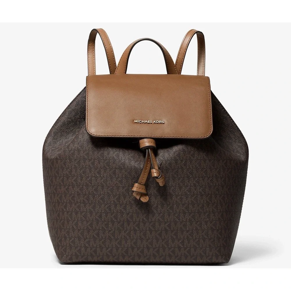 Preloved Michael Kors Junie Leather Medium Backpack‎ Tan Brown Monogram SEE PICS